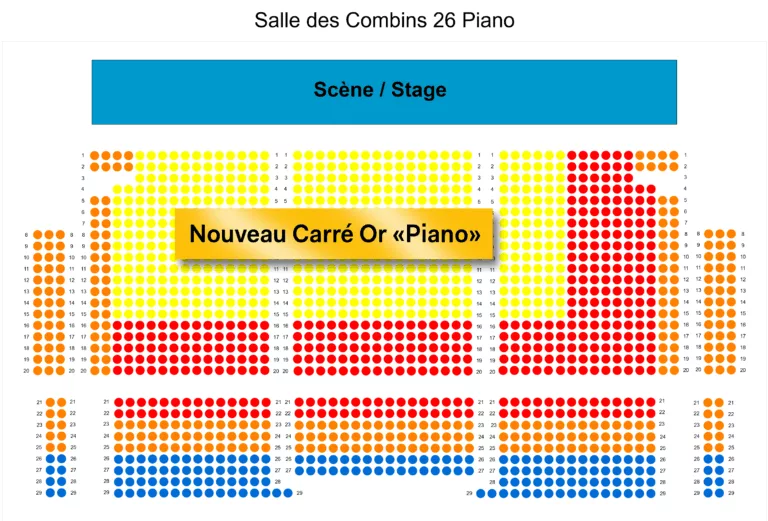 Pianta della sala dei Combins, con la speciale categoria “Carré Or” per recital e concerti di pianoforte